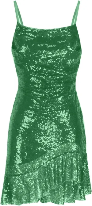 DDAPJ pyju Women's Sequin Sparkly Glitter Dress Sexy Ruffle Spaghetti Strap Sleeveless Mini Dress Party Club Bodycon Dresses
