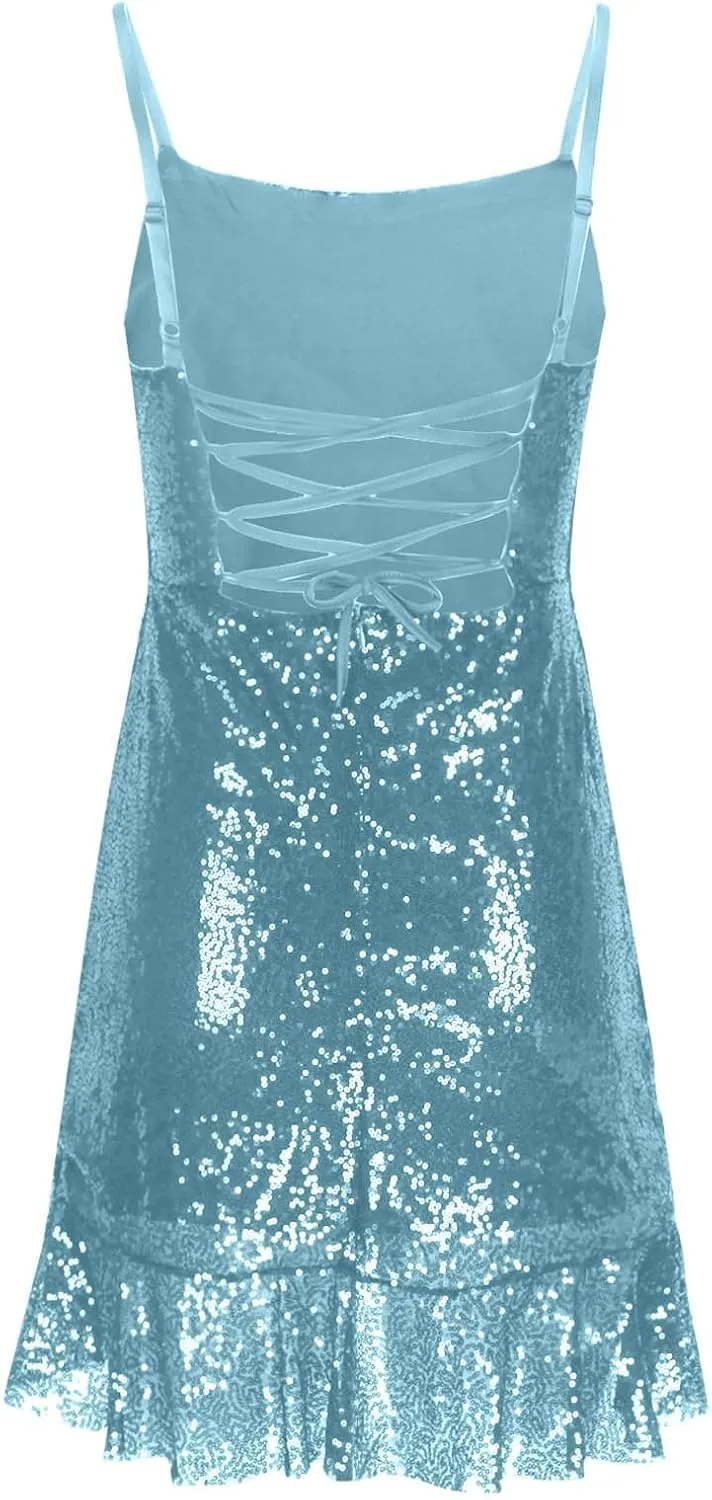DDAPJ pyju Women's Sequin Sparkly Glitter Dress Sexy Ruffle Spaghetti Strap Sleeveless Mini Dress Party Club Bodycon Dresses