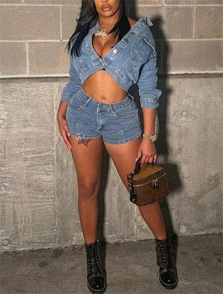 Denim 2 Piece Shorts Set for Women Long Sleeve Cropped Jean Jacket and High Waisted Shorts Plus Size Cute Outfits