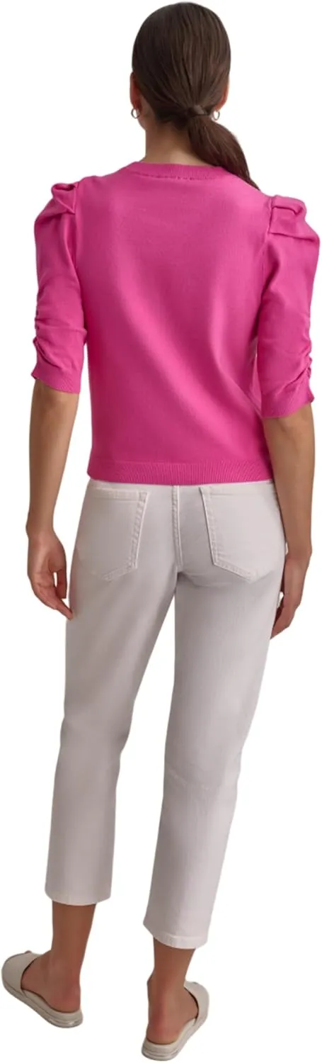 DKNY Women's Elbow Sleeve Crew Neck Puff Shoulder Jeans Sweater