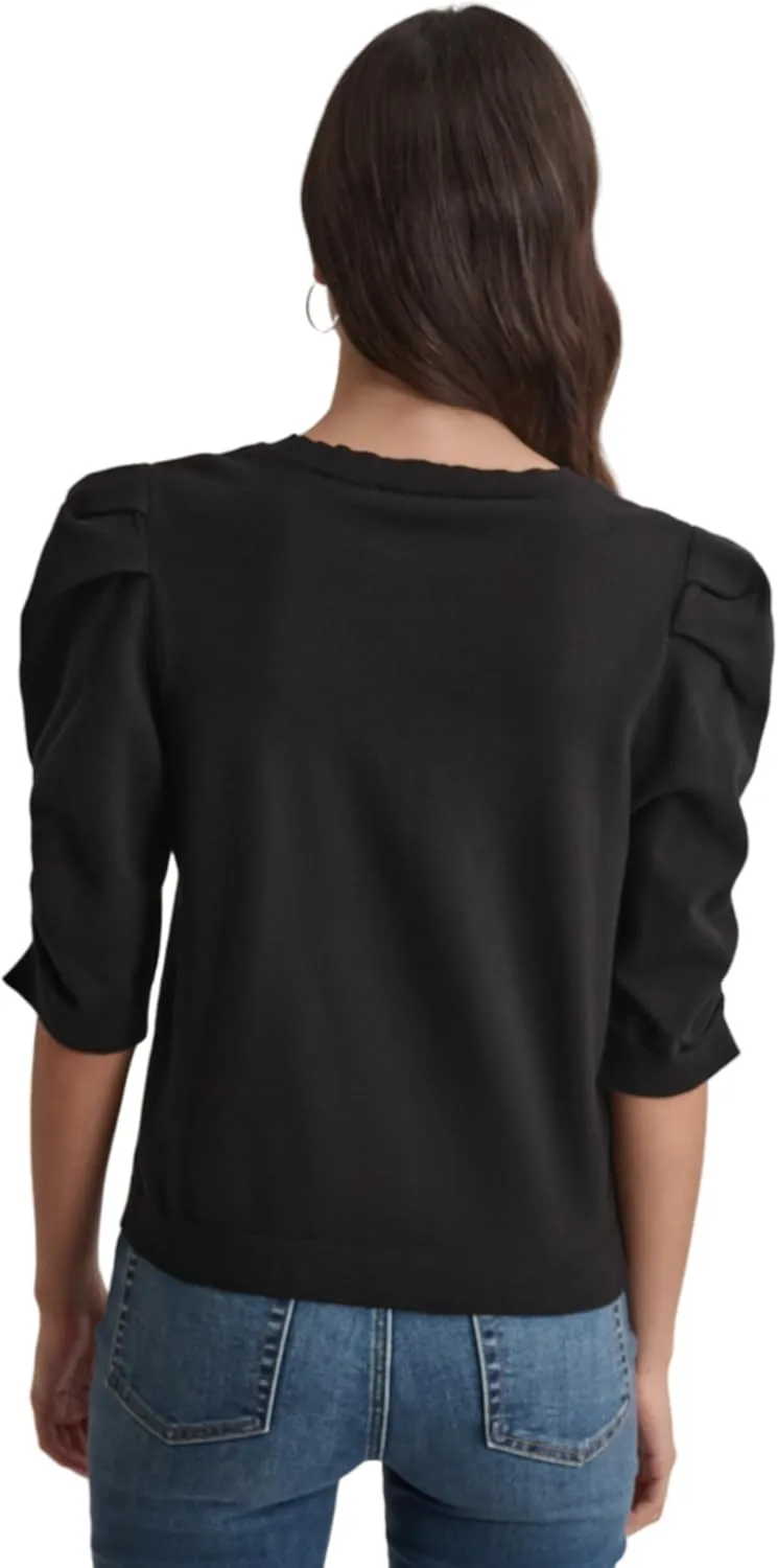 DKNY Women's Elbow Sleeve Crew Neck Puff Shoulder Jeans Sweater