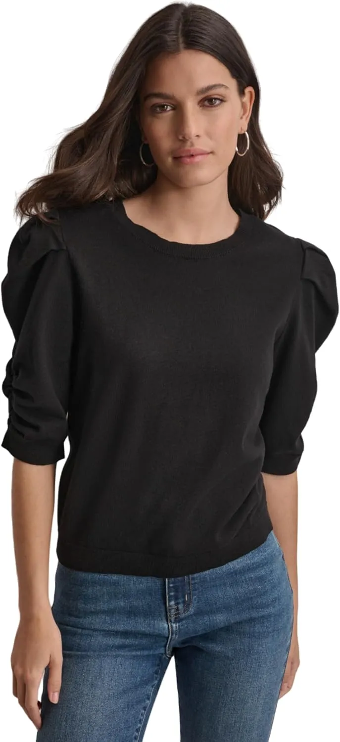 DKNY Women's Elbow Sleeve Crew Neck Puff Shoulder Jeans Sweater