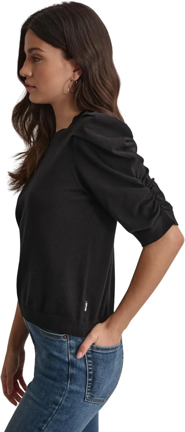 DKNY Women's Elbow Sleeve Crew Neck Puff Shoulder Jeans Sweater