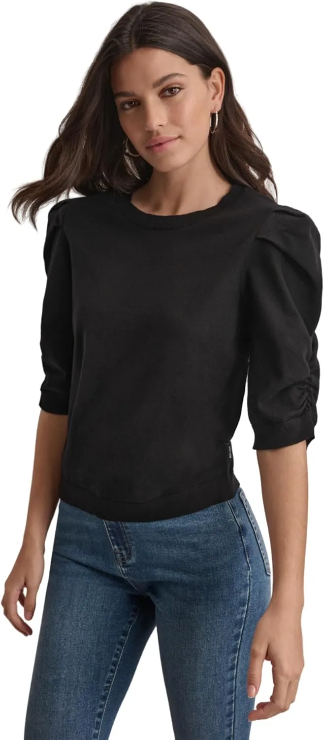 DKNY Women's Elbow Sleeve Crew Neck Puff Shoulder Jeans Sweater