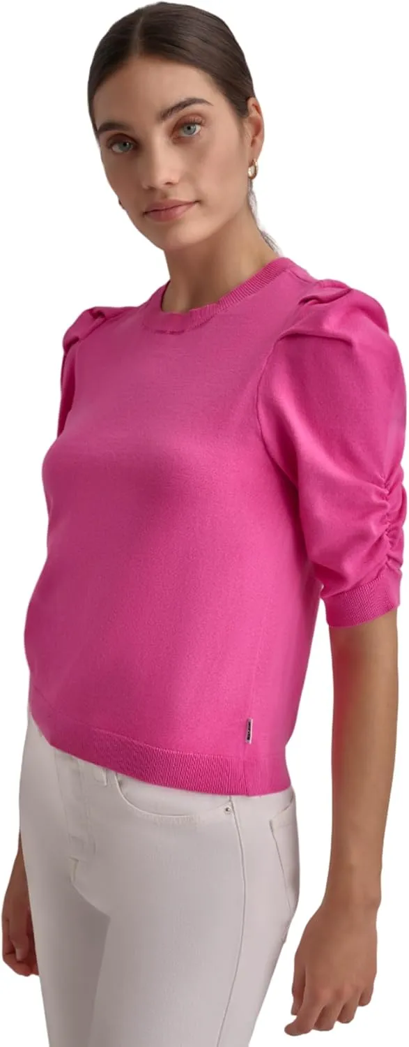 DKNY Women's Elbow Sleeve Crew Neck Puff Shoulder Jeans Sweater