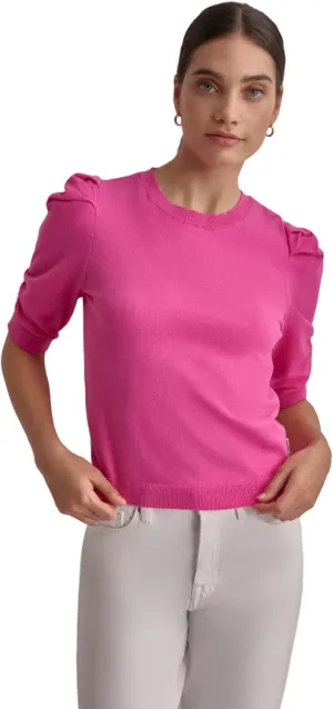 DKNY Women's Elbow Sleeve Crew Neck Puff Shoulder Jeans Sweater