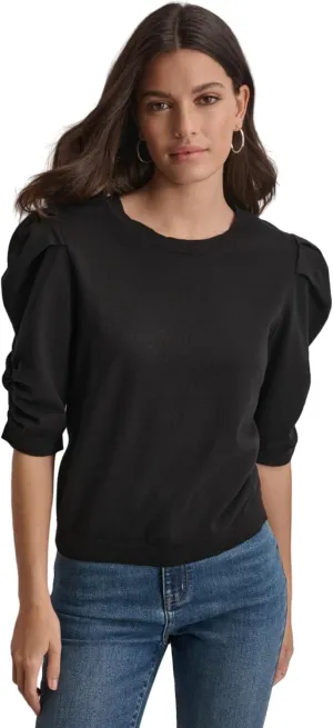 DKNY Women's Elbow Sleeve Crew Neck Puff Shoulder Jeans Sweater