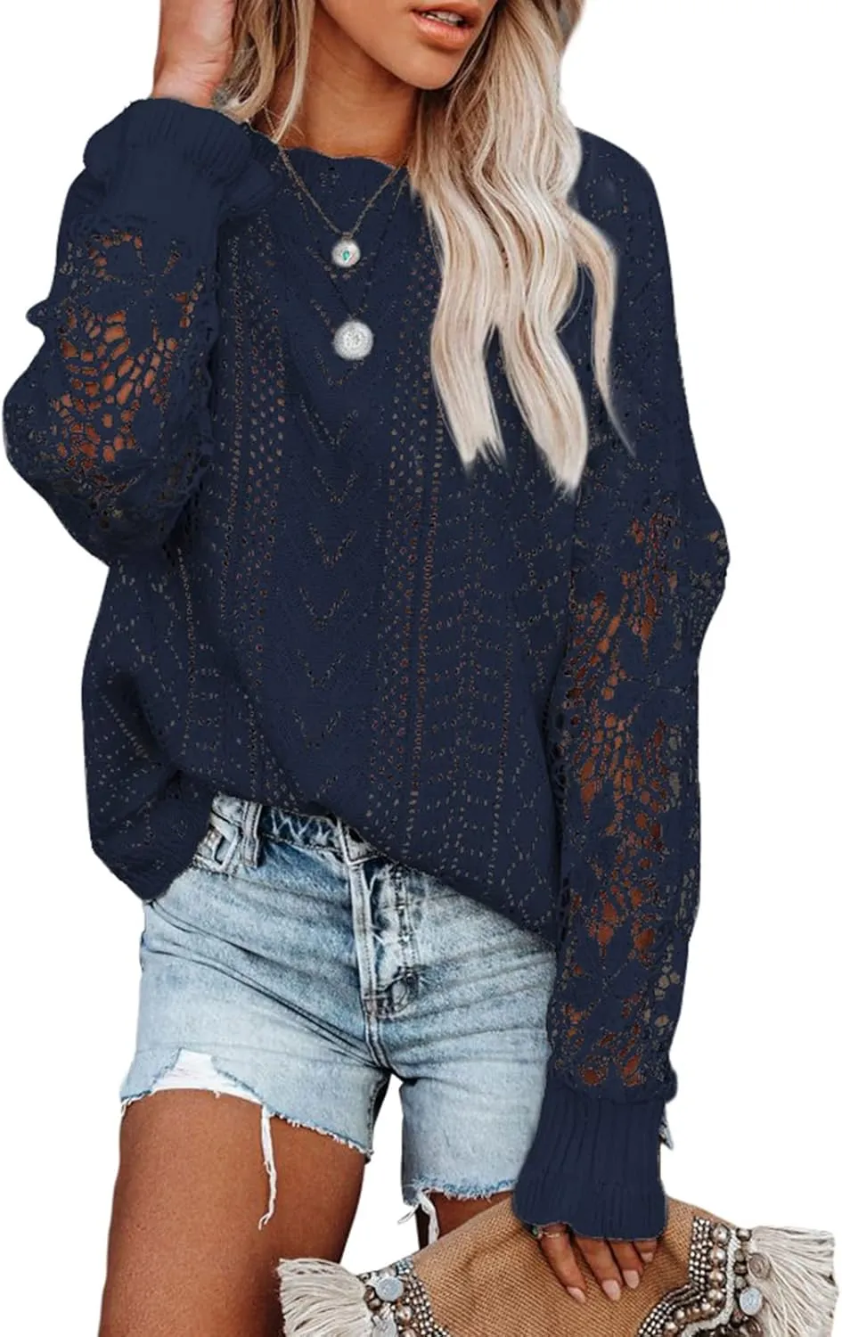Dokotoo Womens Crewneck Crochet Lace Long Sleeve Hollow Out Cable Knit Sweaters Pullover Tops