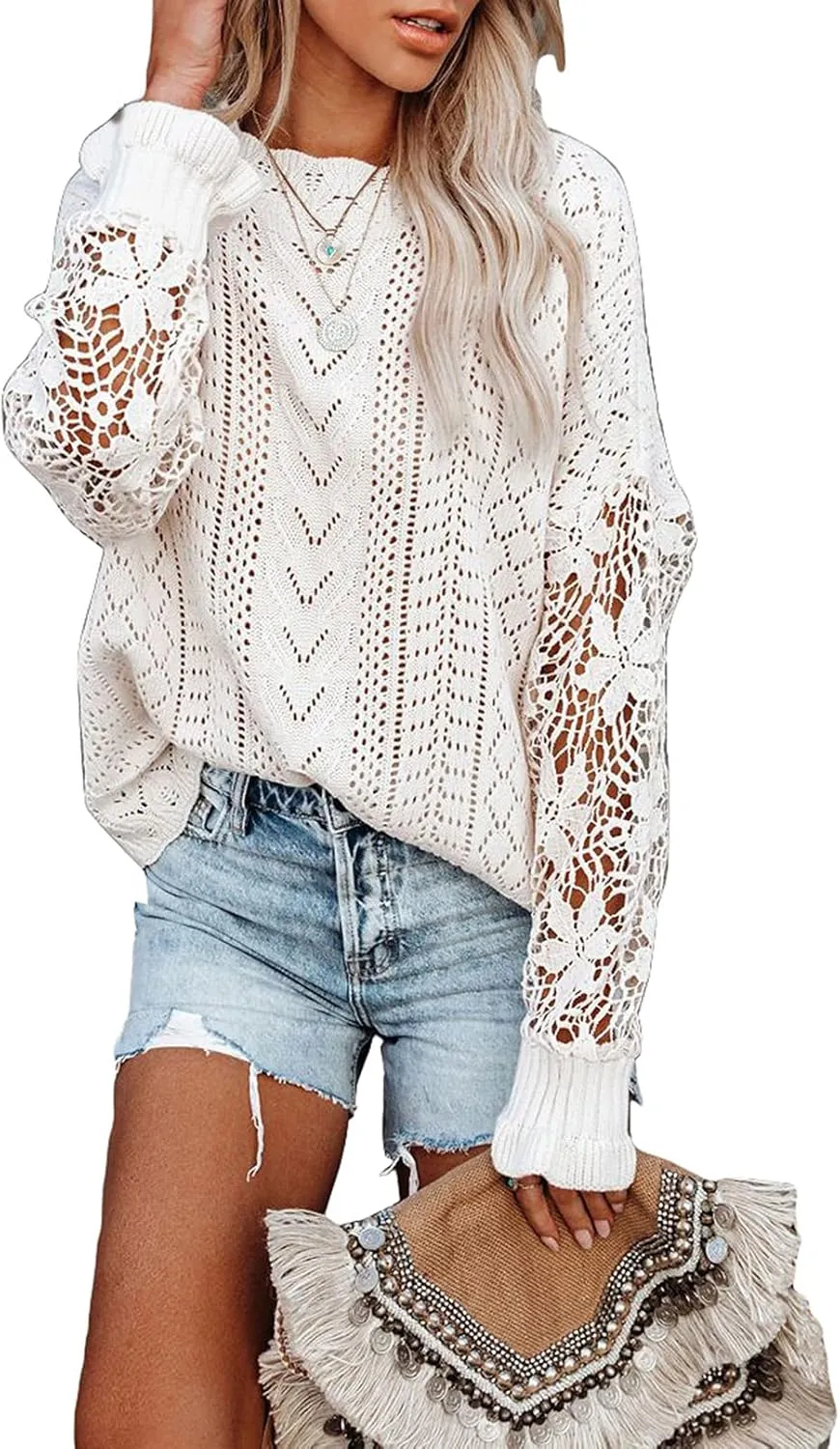 Dokotoo Womens Crewneck Crochet Lace Long Sleeve Hollow Out Cable Knit Sweaters Pullover Tops