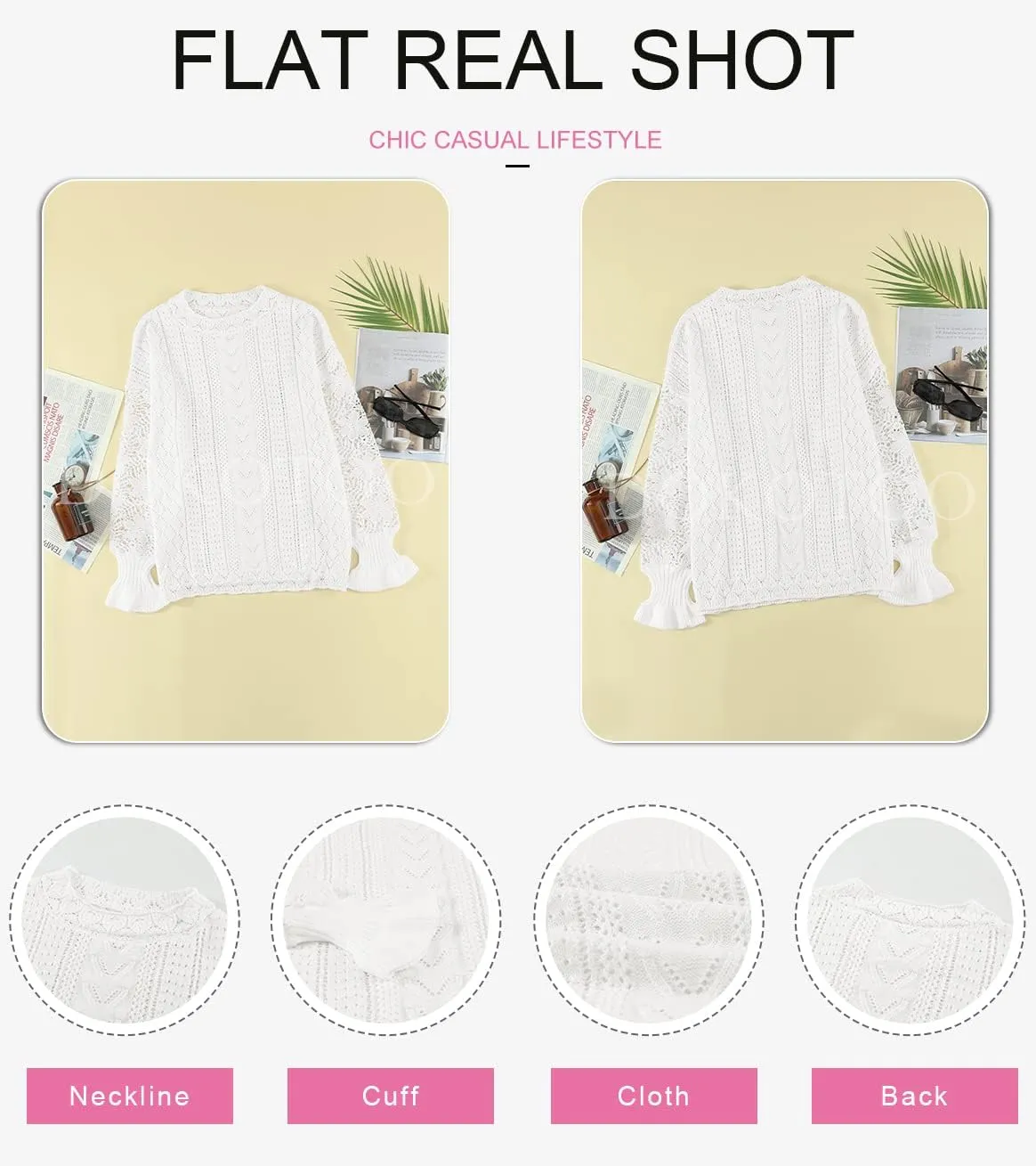 Dokotoo Womens Crewneck Crochet Lace Long Sleeve Hollow Out Cable Knit Sweaters Pullover Tops