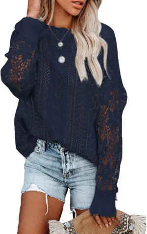 Dokotoo Womens Crewneck Crochet Lace Long Sleeve Hollow Out Cable Knit Sweaters Pullover Tops