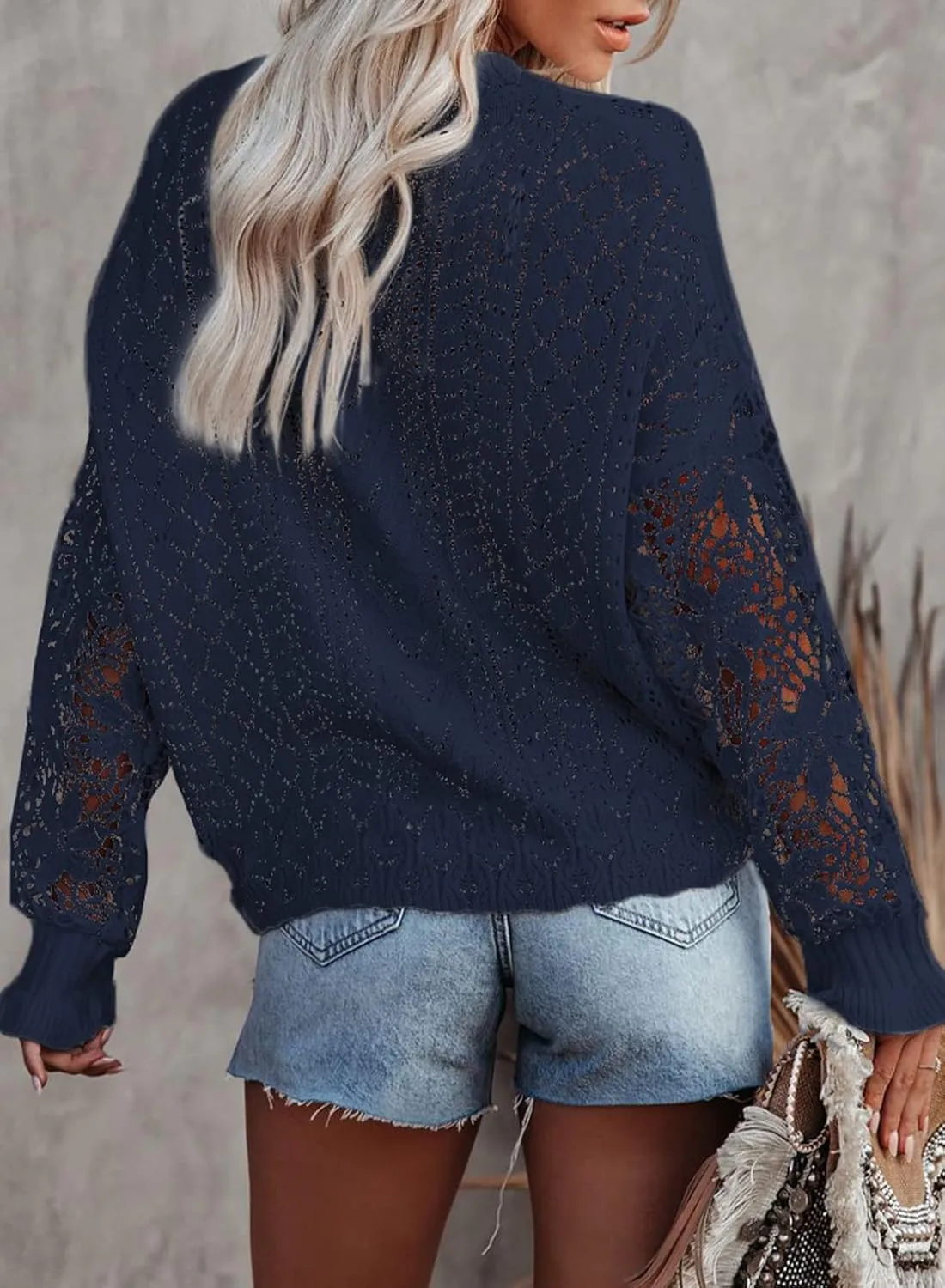 Dokotoo Womens Crewneck Crochet Lace Long Sleeve Hollow Out Cable Knit Sweaters Pullover Tops