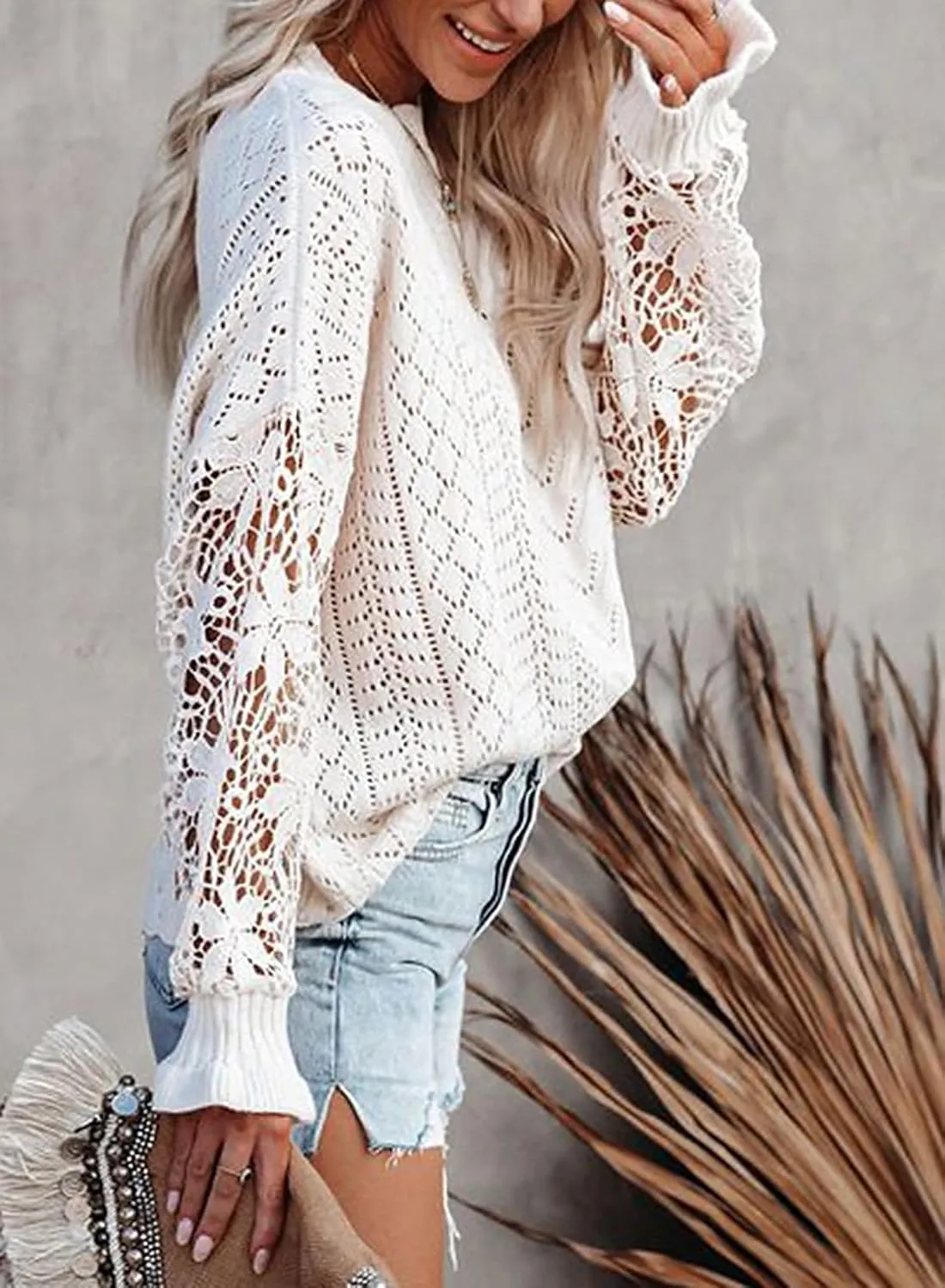 Dokotoo Womens Crewneck Crochet Lace Long Sleeve Hollow Out Cable Knit Sweaters Pullover Tops