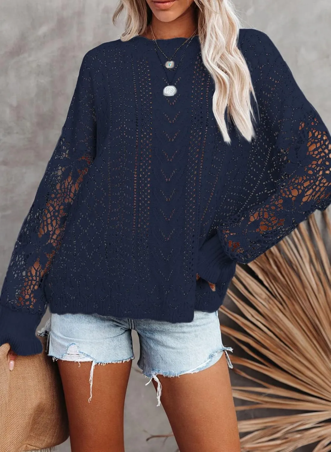 Dokotoo Womens Crewneck Crochet Lace Long Sleeve Hollow Out Cable Knit Sweaters Pullover Tops