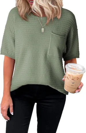 Dokotoo Womens Sweaters Casual Crewneck Short Sleeve Lightweight Knit Trendy Pullover Sweater Tops Spring Summer Outfits