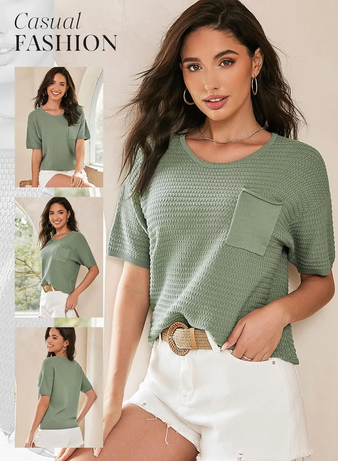Dokotoo Womens Sweaters Casual Crewneck Short Sleeve Lightweight Knit Trendy Pullover Sweater Tops Spring Summer Outfits