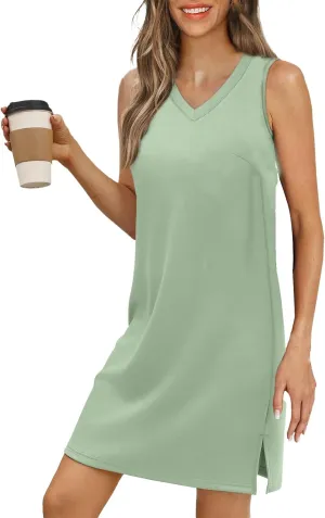 Dresses for Women Casual Sleeveless V Neck Tank Dress Summer Vacation Beach Sundress with Spli