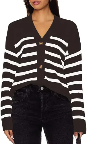 Dressmine Womens Striped Long Sleeve Sweater Tops Open Front Button Knit Casual Oversized V Neck Cardigan