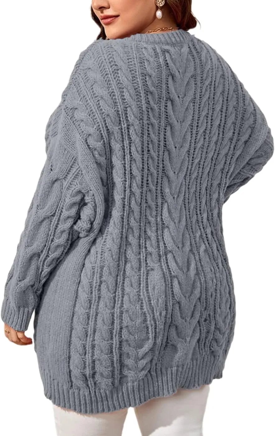 Dyexces Plus Size Sweaters for Women V Neck Long Sleeve Cable Knit Sweaters Casual Fall Sweaters Soft Jumper Tops