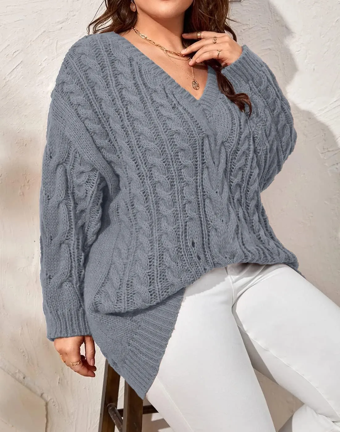Dyexces Plus Size Sweaters for Women V Neck Long Sleeve Cable Knit Sweaters Casual Fall Sweaters Soft Jumper Tops