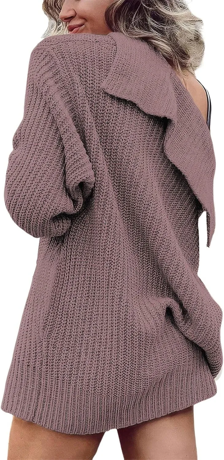 ebossy Women's Oversized Sailor Collar Button Cardigans Chunky Knit Long Sleeve Slouchy Sweaters Coat with Pockets