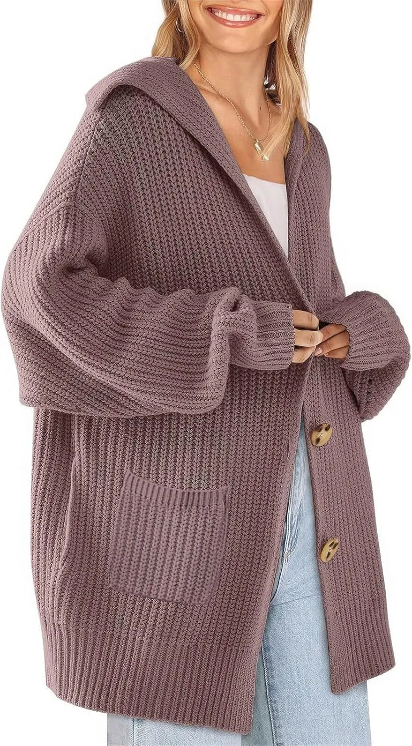 ebossy Women's Oversized Sailor Collar Button Cardigans Chunky Knit Long Sleeve Slouchy Sweaters Coat with Pockets