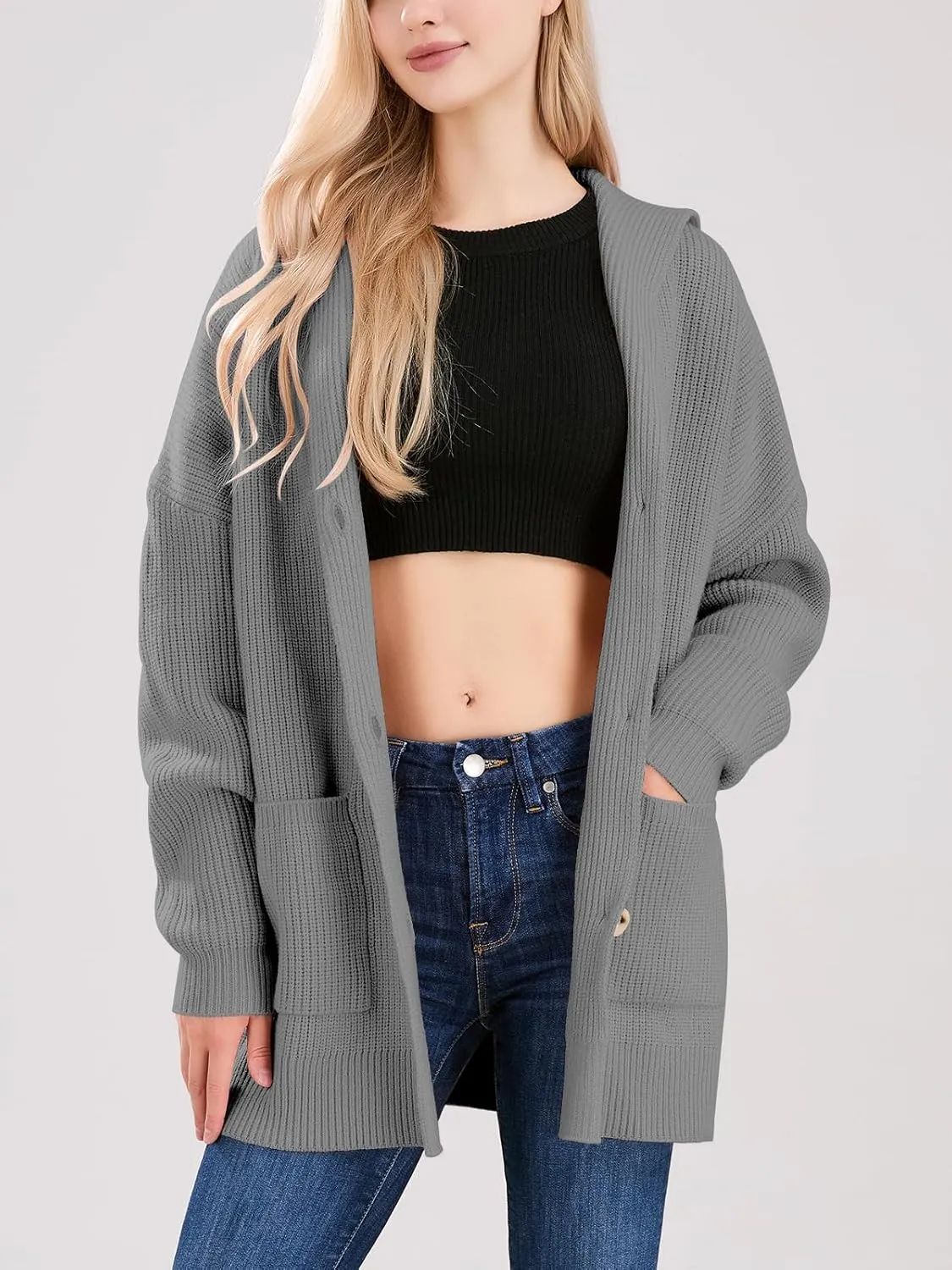 ebossy Women's Oversized Sailor Collar Button Cardigans Chunky Knit Long Sleeve Slouchy Sweaters Coat with Pockets