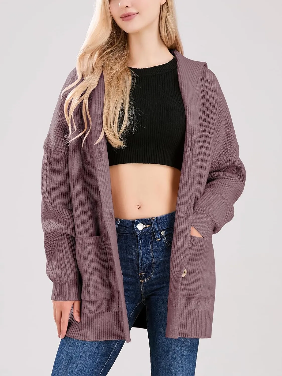ebossy Women's Oversized Sailor Collar Button Cardigans Chunky Knit Long Sleeve Slouchy Sweaters Coat with Pockets