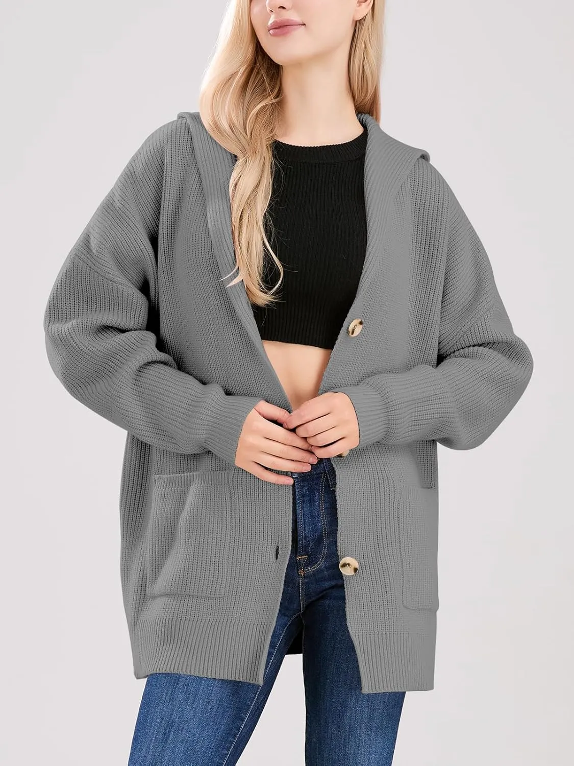ebossy Women's Oversized Sailor Collar Button Cardigans Chunky Knit Long Sleeve Slouchy Sweaters Coat with Pockets