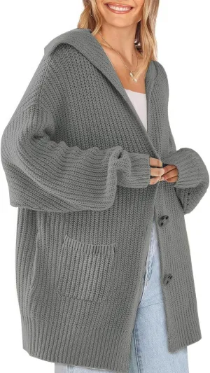 ebossy Women's Oversized Sailor Collar Button Cardigans Chunky Knit Long Sleeve Slouchy Sweaters Coat with Pockets