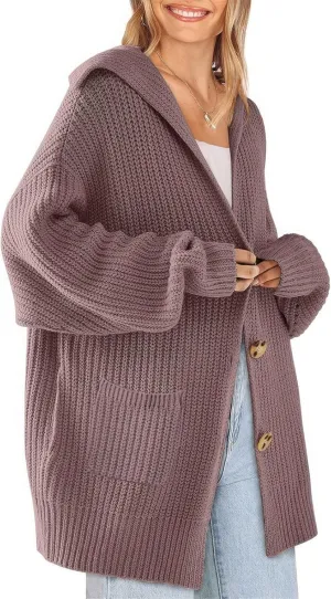 ebossy Women's Oversized Sailor Collar Button Cardigans Chunky Knit Long Sleeve Slouchy Sweaters Coat with Pockets