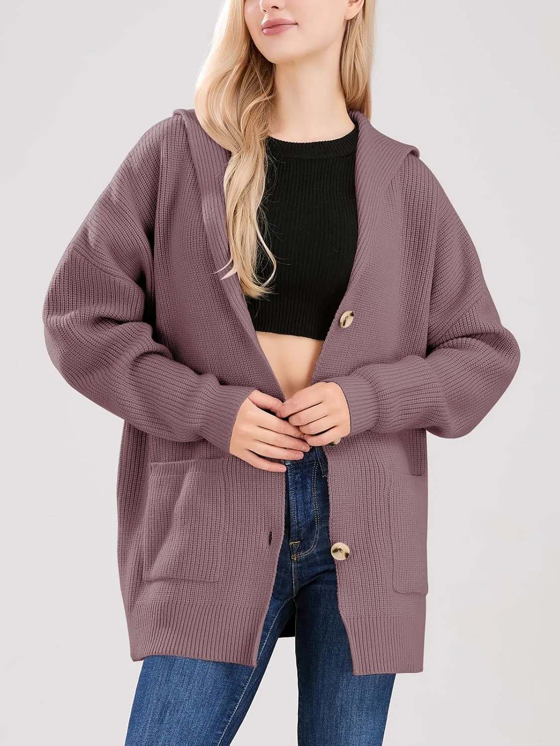 ebossy Women's Oversized Sailor Collar Button Cardigans Chunky Knit Long Sleeve Slouchy Sweaters Coat with Pockets