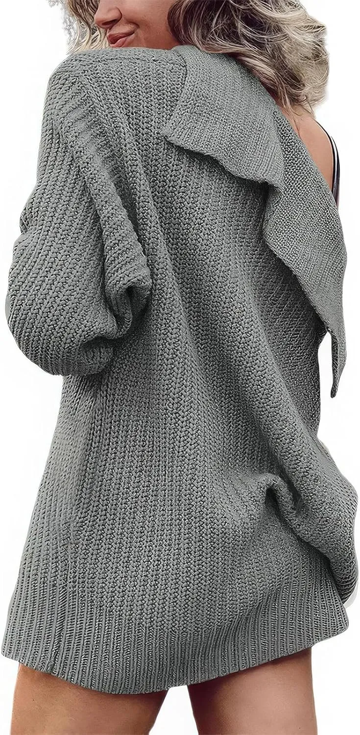 ebossy Women's Oversized Sailor Collar Button Cardigans Chunky Knit Long Sleeve Slouchy Sweaters Coat with Pockets