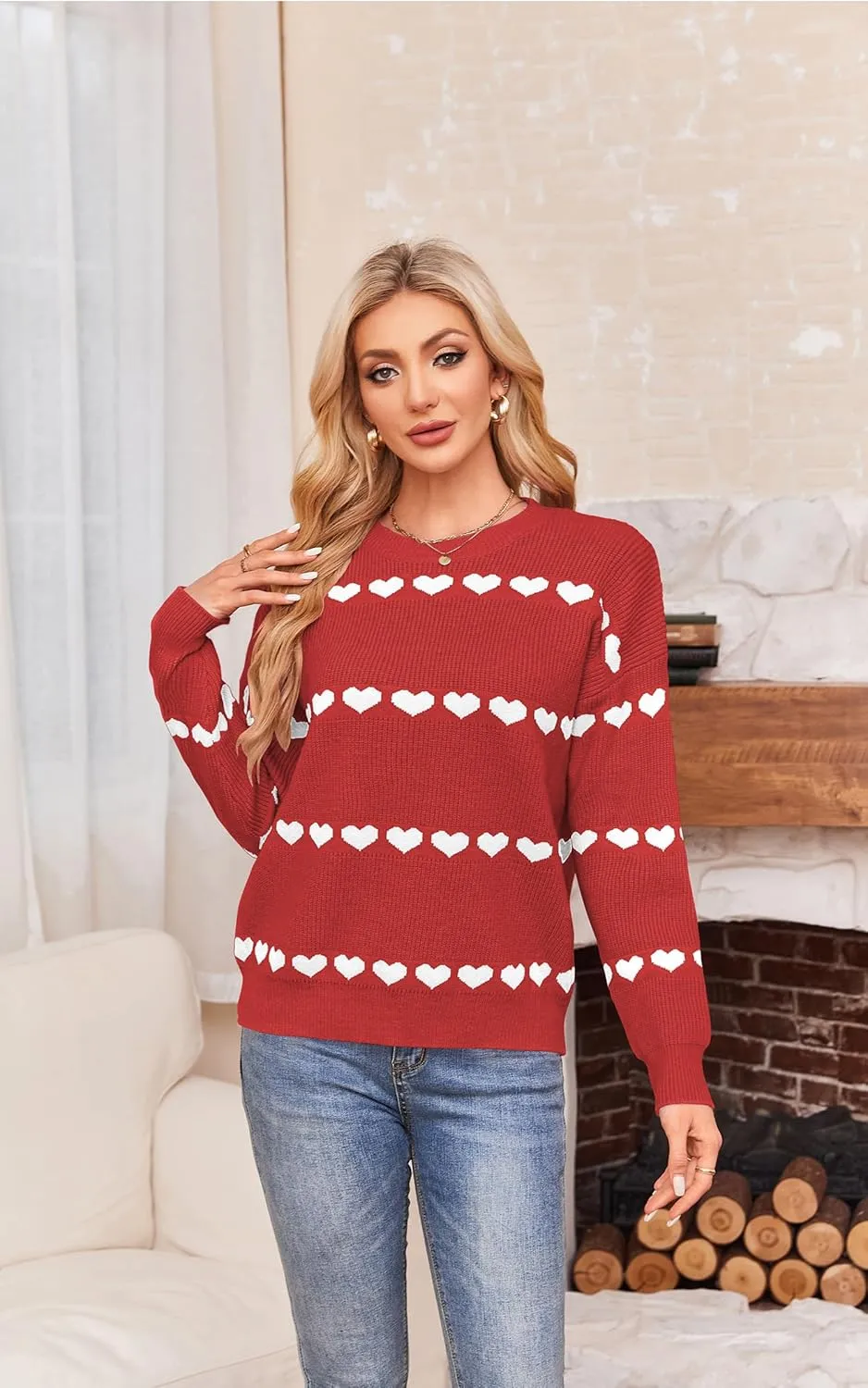 ECOWISH Women Valentine Heart Sweater V Neck Embroidery Knit Loose Casual Long Sleeve Ribbed Pullover Sweaters
