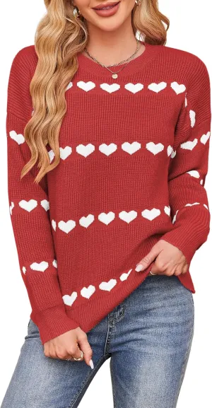 ECOWISH Women Valentine Heart Sweater V Neck Embroidery Knit Loose Casual Long Sleeve Ribbed Pullover Sweaters