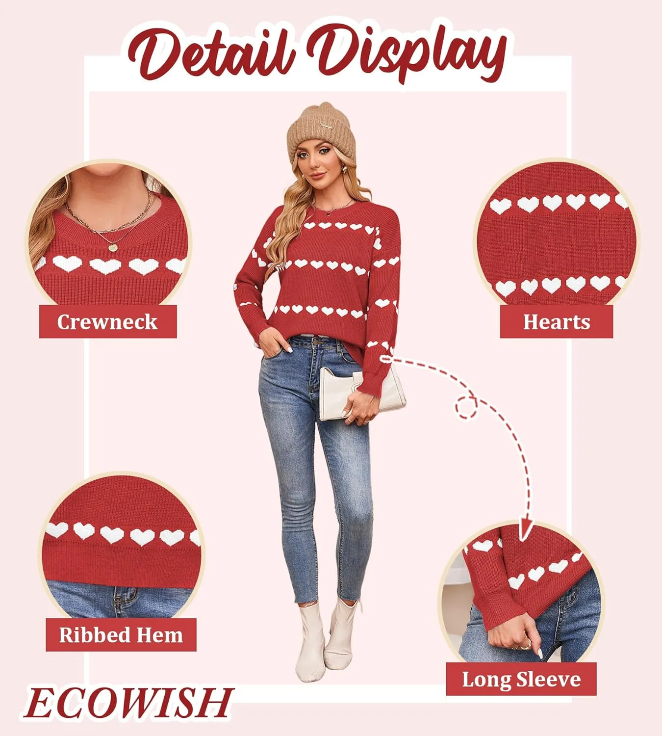 ECOWISH Women Valentine Heart Sweater V Neck Embroidery Knit Loose Casual Long Sleeve Ribbed Pullover Sweaters