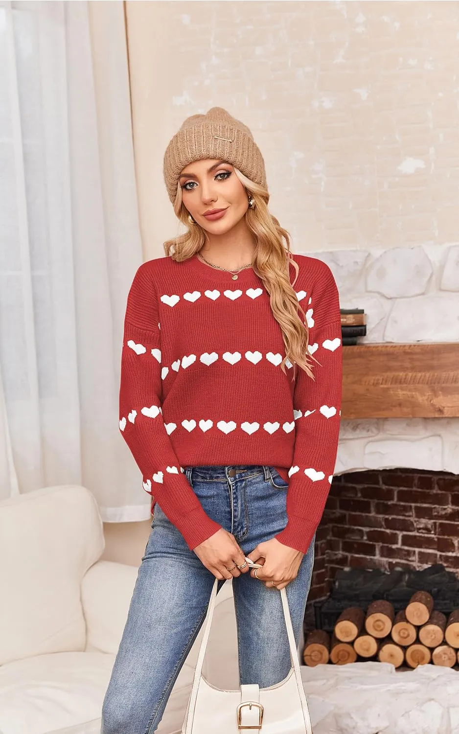 ECOWISH Women Valentine Heart Sweater V Neck Embroidery Knit Loose Casual Long Sleeve Ribbed Pullover Sweaters