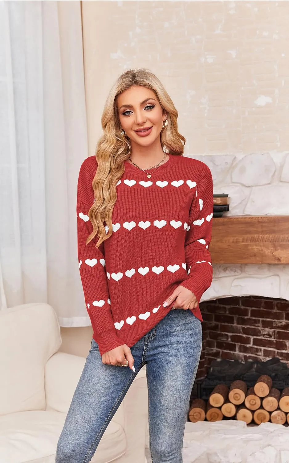 ECOWISH Women Valentine Heart Sweater V Neck Embroidery Knit Loose Casual Long Sleeve Ribbed Pullover Sweaters