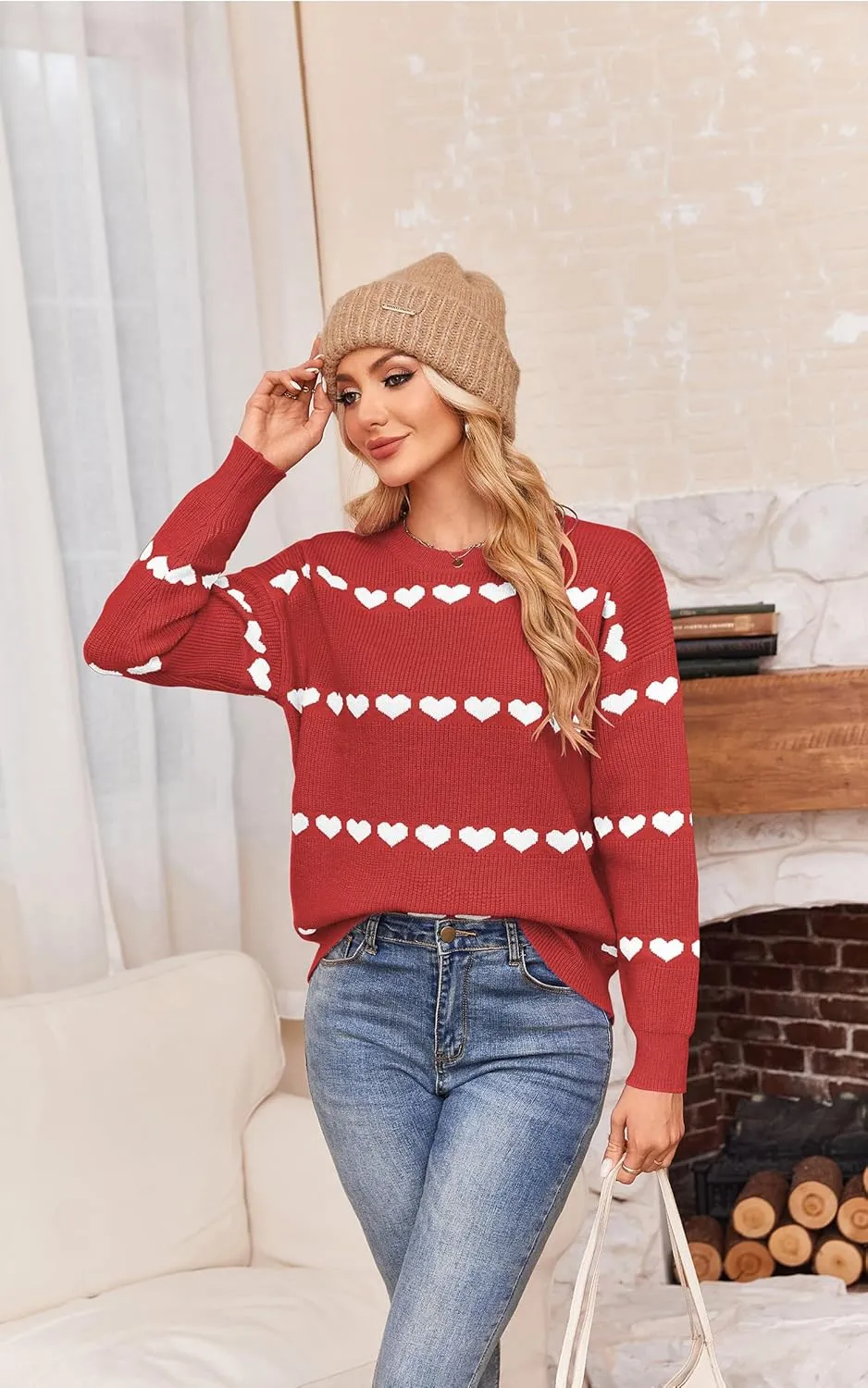 ECOWISH Women Valentine Heart Sweater V Neck Embroidery Knit Loose Casual Long Sleeve Ribbed Pullover Sweaters