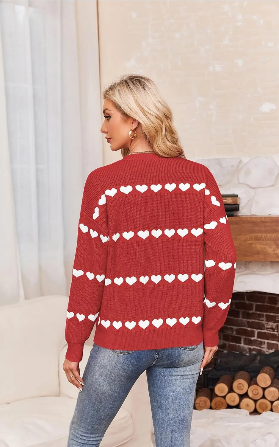 ECOWISH Women Valentine Heart Sweater V Neck Embroidery Knit Loose Casual Long Sleeve Ribbed Pullover Sweaters