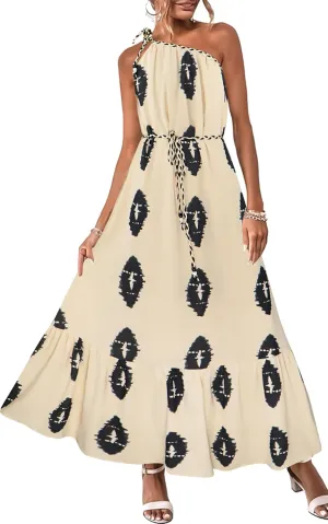 ECOWISH Womens Summer Maxi Dress Casual One Shoulder Midi Dresses Beach Vacation Boho Floral Long Sundress with Pockets 2025