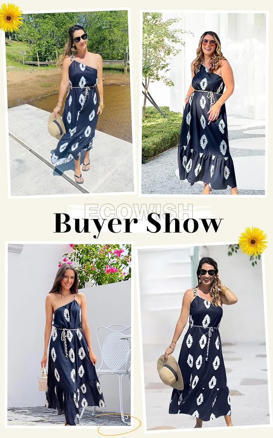 ECOWISH Womens Summer Maxi Dress Casual One Shoulder Midi Dresses Beach Vacation Boho Floral Long Sundress with Pockets 2025