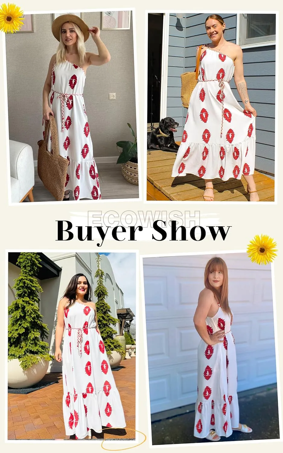 ECOWISH Womens Summer Maxi Dress Casual One Shoulder Midi Dresses Beach Vacation Boho Floral Long Sundress with Pockets 2025