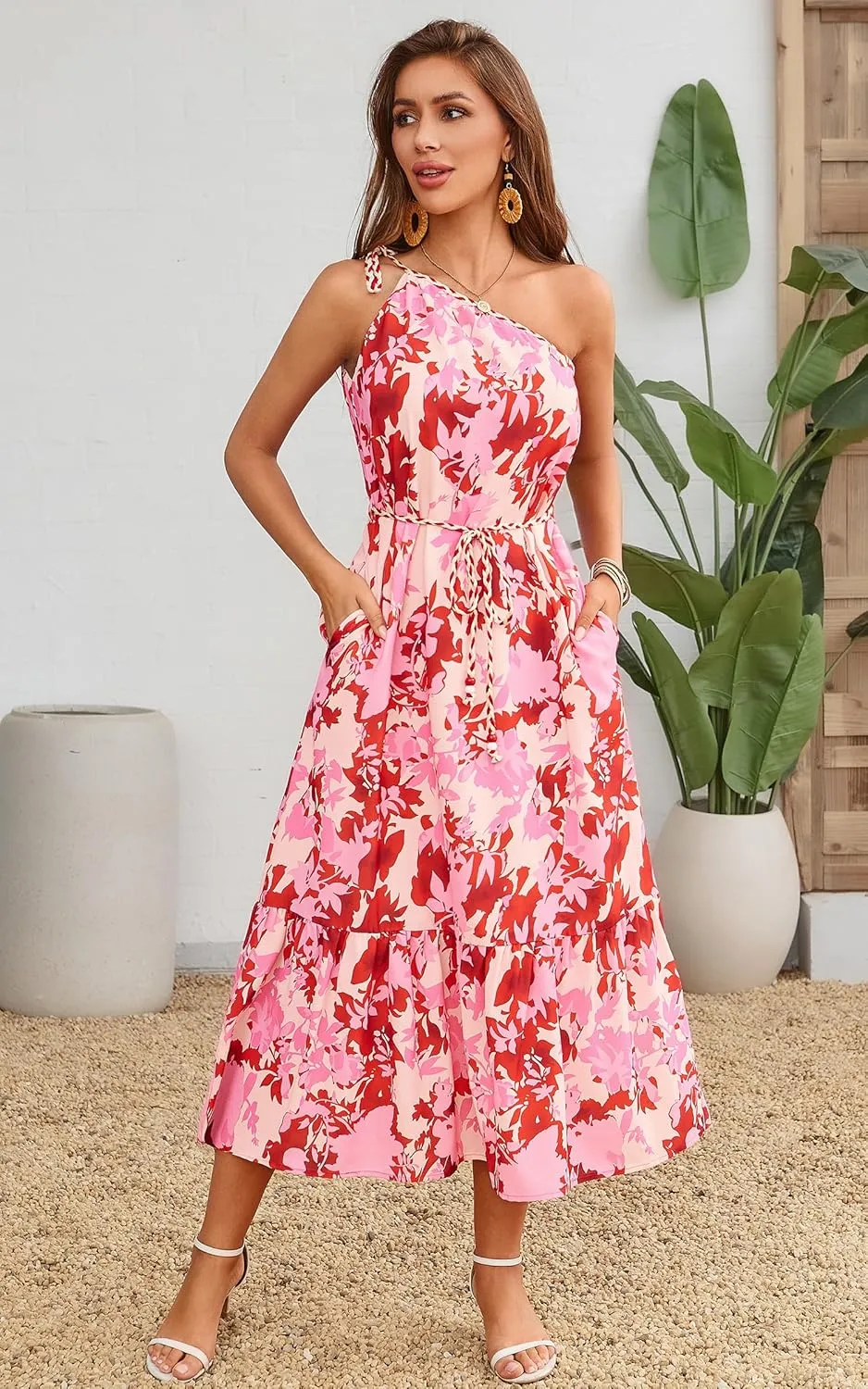 ECOWISH Womens Summer Maxi Dress Casual One Shoulder Midi Dresses Beach Vacation Boho Floral Long Sundress with Pockets 2025