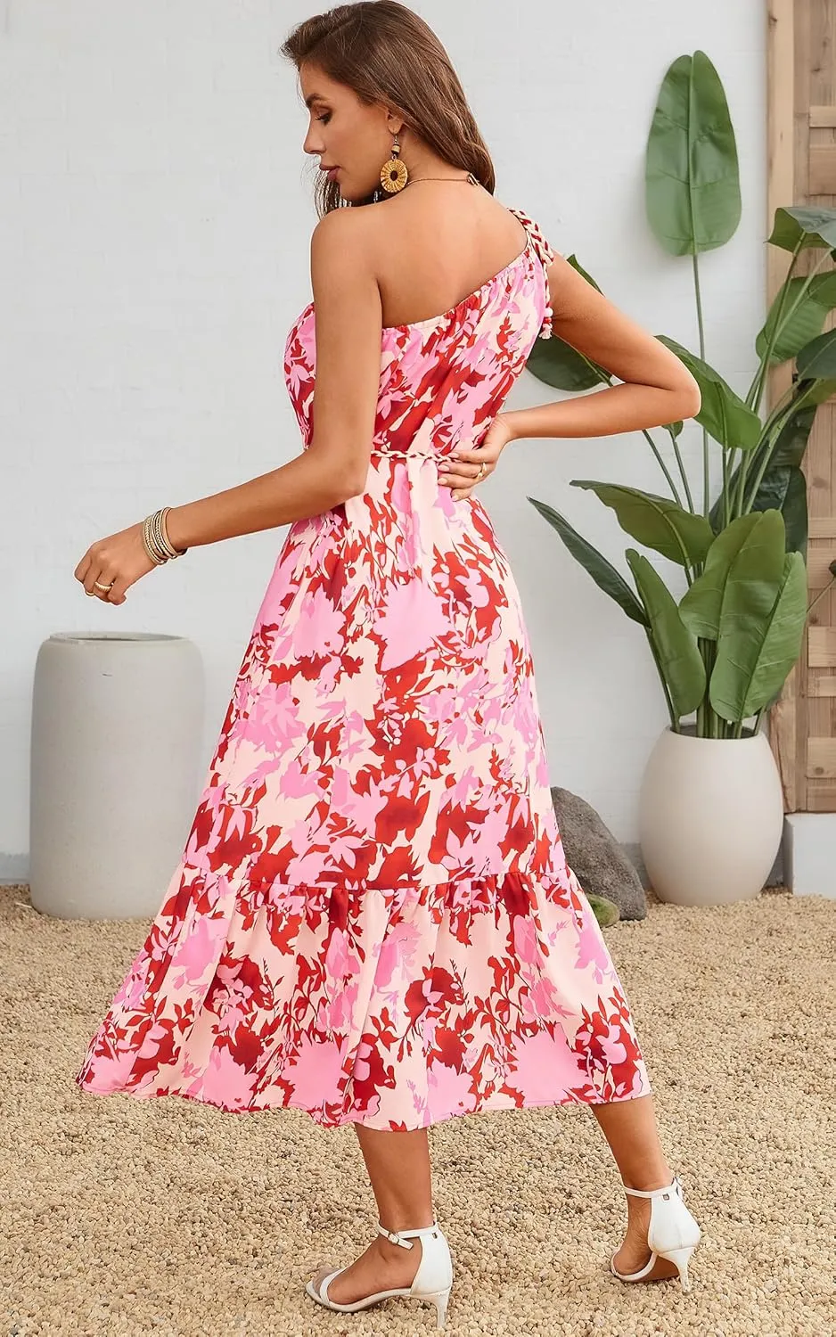 ECOWISH Womens Summer Maxi Dress Casual One Shoulder Midi Dresses Beach Vacation Boho Floral Long Sundress with Pockets 2025