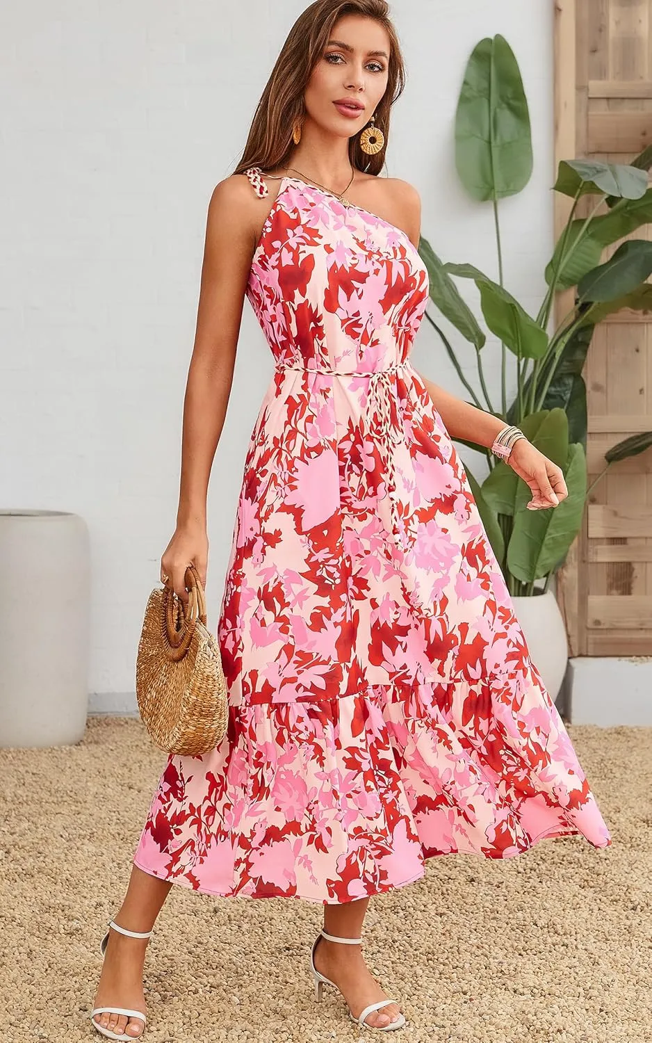ECOWISH Womens Summer Maxi Dress Casual One Shoulder Midi Dresses Beach Vacation Boho Floral Long Sundress with Pockets 2025