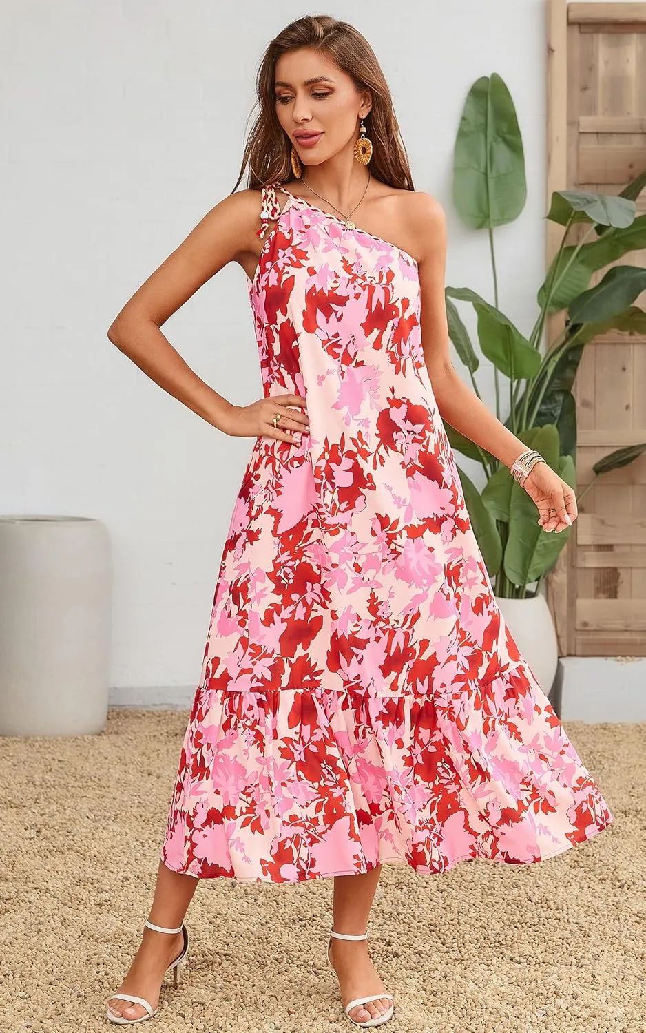 ECOWISH Womens Summer Maxi Dress Casual One Shoulder Midi Dresses Beach Vacation Boho Floral Long Sundress with Pockets 2025