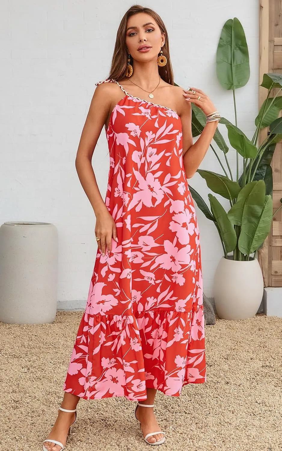 ECOWISH Womens Summer Maxi Dress Casual One Shoulder Midi Dresses Beach Vacation Boho Floral Long Sundress with Pockets 2025