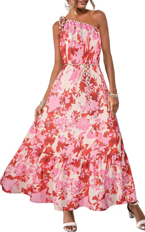 ECOWISH Womens Summer Maxi Dress Casual One Shoulder Midi Dresses Beach Vacation Boho Floral Long Sundress with Pockets 2025