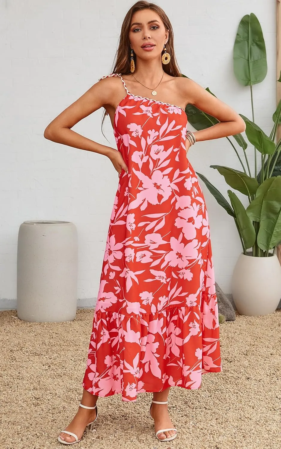 ECOWISH Womens Summer Maxi Dress Casual One Shoulder Midi Dresses Beach Vacation Boho Floral Long Sundress with Pockets 2025